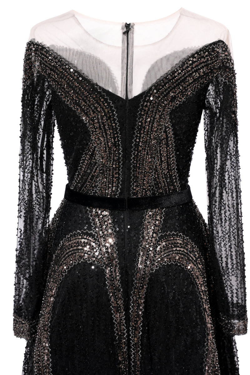 Black Long sleeves V-neck Luxury Sparkle Princess Evening Dresses-Ballbella