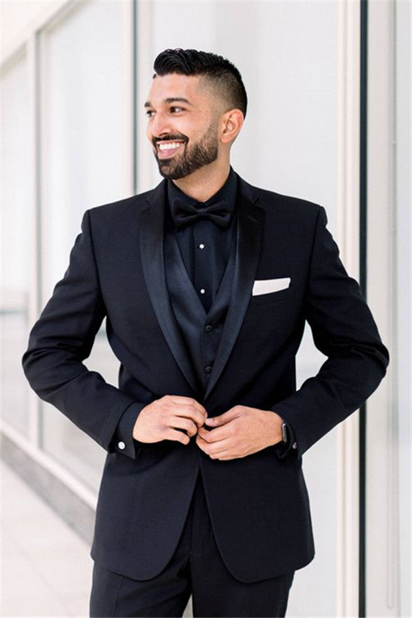 Black Men Suits for Wedding One Button Groomsmen Suits Shawl Lapel Best Man Blazers-Ballbella