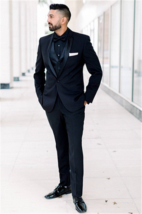 Black Men Suits for Wedding One Button Groomsmen Suits Shawl Lapel Best Man Blazers-Ballbella