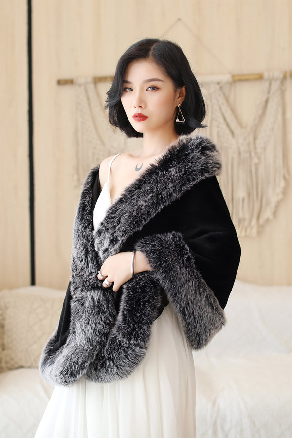 Black Mink Cashmere Rounded Corners Wedding Shawl with Grey Edges-Ballbella