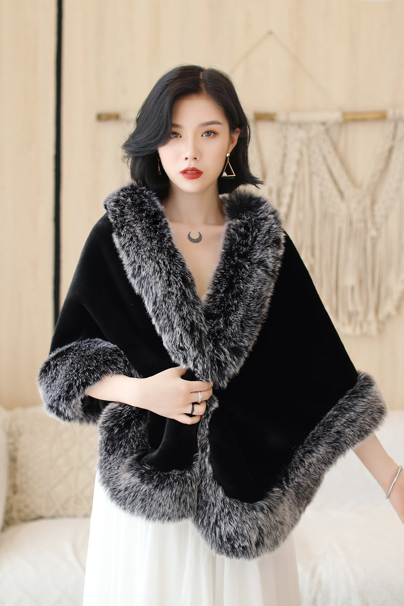 Black Mink Cashmere Rounded Corners Wedding Shawl with Grey Edges-Ballbella