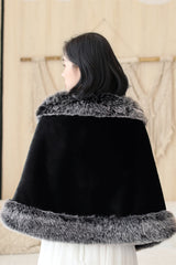 Black Mink Cashmere Rounded Corners Wedding Shawl with Grey Edges-Ballbella