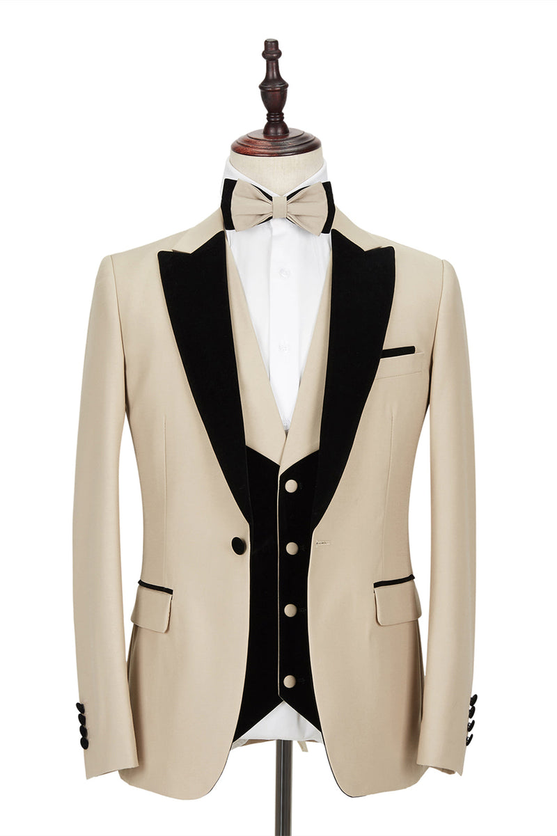 Black Peak Lapel Champagne Wedding Suit Velvet Banding Edge Formal Suit ...
