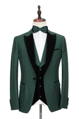 Black Peak Lapel Dark Green Men Wedding Suit Velvet Banding Edge Formal Suit-Ballbella