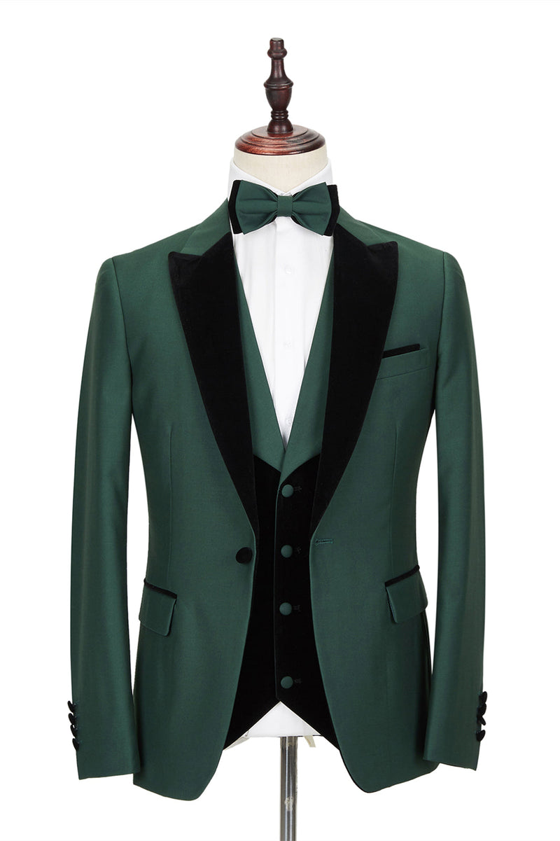 Black Peak Lapel Dark Green Men Wedding Suit Velvet Banding Edge Formal Suit-Ballbella