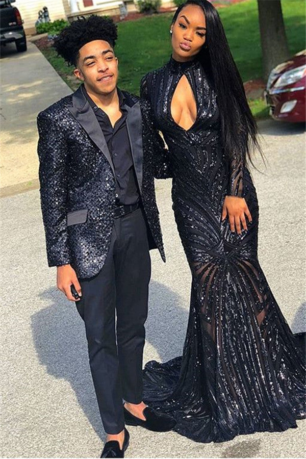 Black Sequins Men Suit Online Classy Peak Lapel Two Piece Prom Outfits-Ballbella