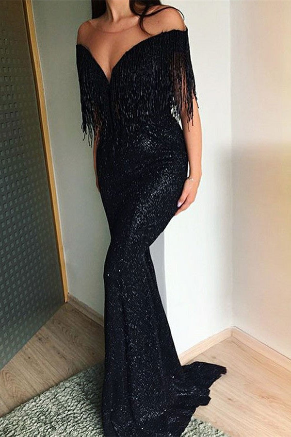 Black Sequins Mermaid Evening Gowns Tassels Sweep-Train Long Prom Dresses-Ballbella