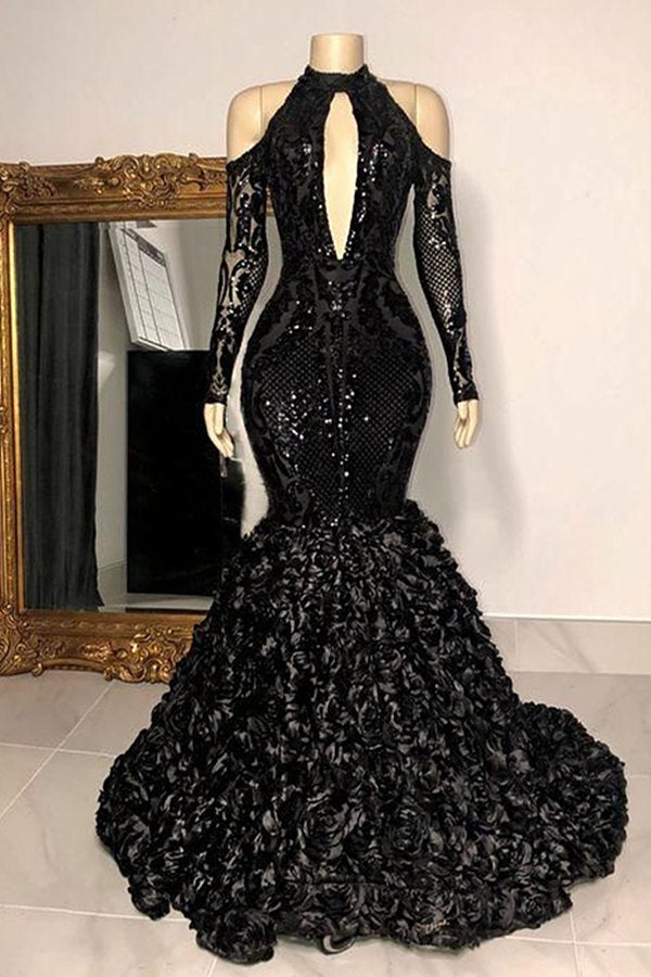 Black Sexy Keyhole Cool Shoulder Mermaid Flowers Prom Dresses-Ballbella