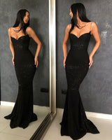 Black Sheath Spaghetti Straps Open Back Sequins Prom Dresses-Ballbella