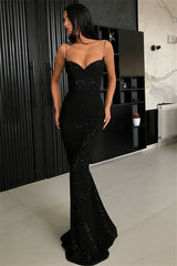 Black Sheath Spaghetti Straps Open Back Sequins Prom Dresses-Ballbella