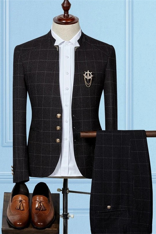 Black Slim Sit Plaid Classic Two Pieces Men Suits Online-Ballbella