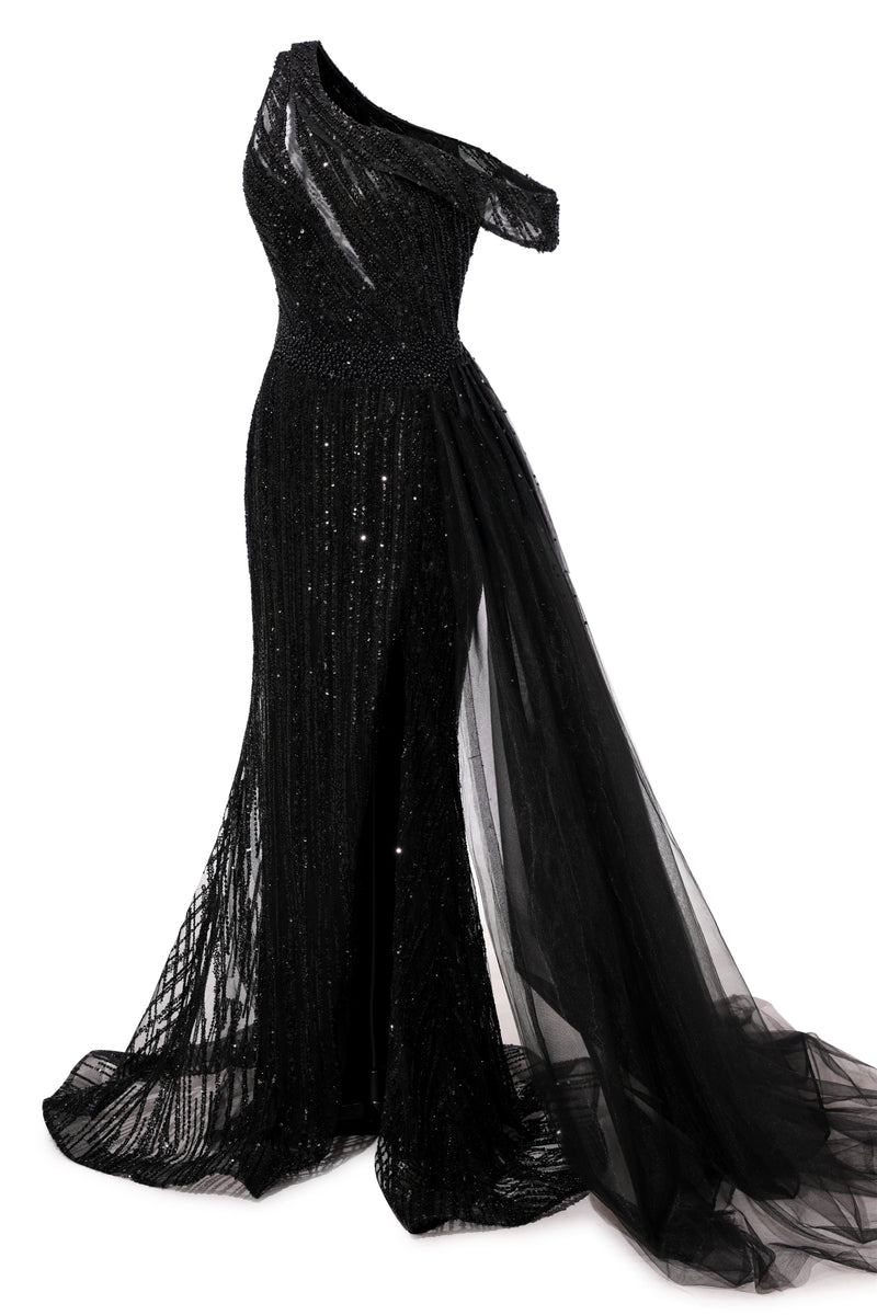 Black Sparkle One shoulder Court Train Evening Dresses-Ballbella