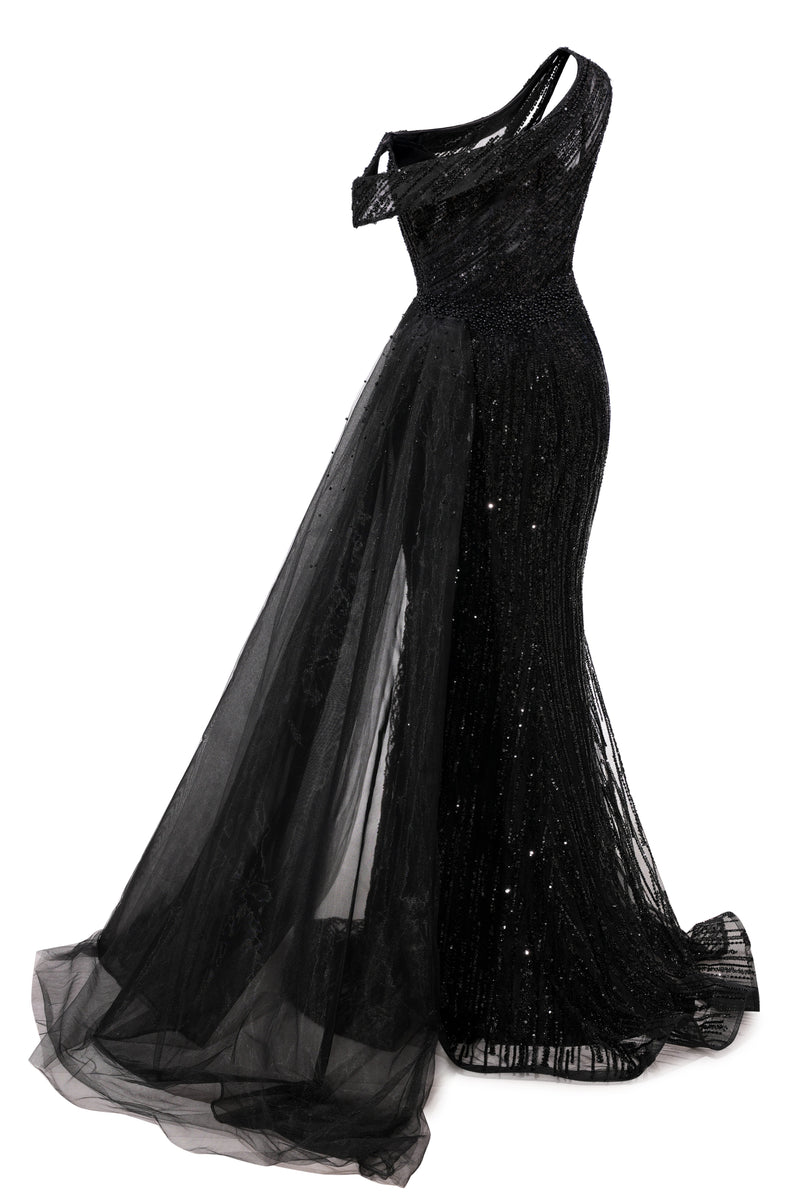 Black Sparkle One shoulder Court Train Evening Dresses-Ballbella