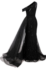 Black Sparkle One shoulder Court Train Evening Dresses-Ballbella