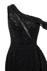 Black Sparkle One shoulder Court Train Evening Dresses-Ballbella