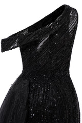 Black Sparkle One shoulder Court Train Evening Dresses-Ballbella