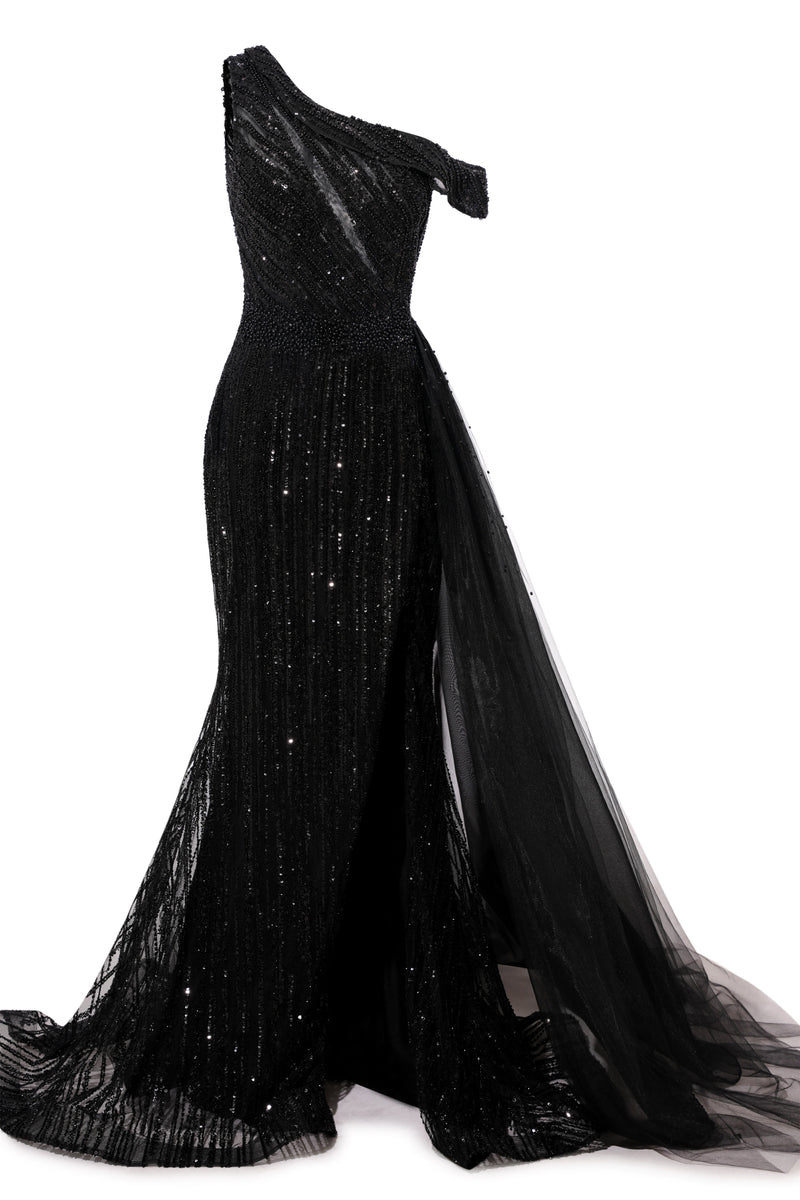 Black Sparkle One shoulder Court Train Evening Dresses-Ballbella