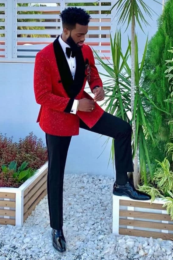 Black Velvet Lapel Banding Edge Sparkle Red Men's Suit for Prom-Ballbella