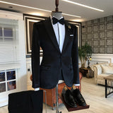 Black Velvet One Button Peaked Lapel Slim Fit Men Suits-Ballbella