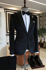 Black Velvet One Button Peaked Lapel Slim Fit Men Suits-Ballbella