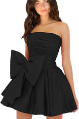 Sleeveless Ruched Short Homecoming Dresses Simple Mini Party Wear Dress with Bow