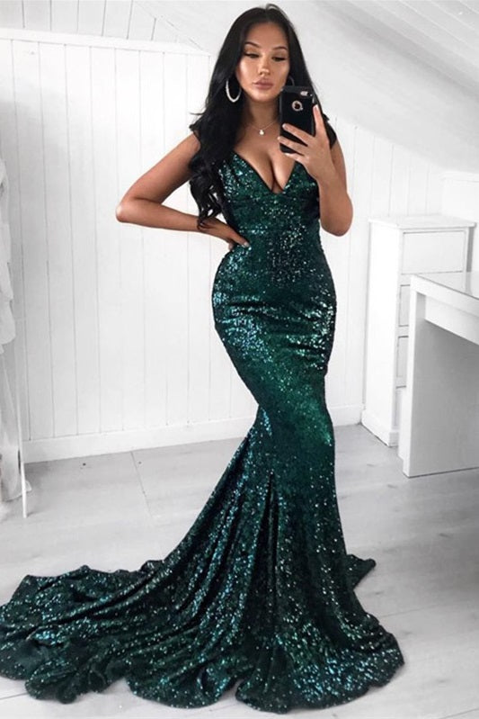 Blackish Green V-neck Off-the-shoulder Mermaid Prom Dress Sequins Long-Ballbella