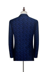 Blue Floral Patter Tuxedos for Wedding Black Velvet Peak Collar Prom Suits-Ballbella