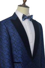 Blue Floral Patter Tuxedos for Wedding Black Velvet Peak Collar Prom Suits-Ballbella
