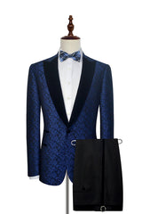 Blue Floral Patter Tuxedos for Wedding Black Velvet Peak Collar Prom Suits-Ballbella