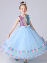 Blue Jewel Neck Tulle Sleeveless Ankle-Length Bows Kids Social Party Dresses Princess Dress-Ballbella