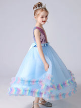 Blue Jewel Neck Tulle Sleeveless Ankle-Length Bows Kids Social Party Dresses Princess Dress-Ballbella