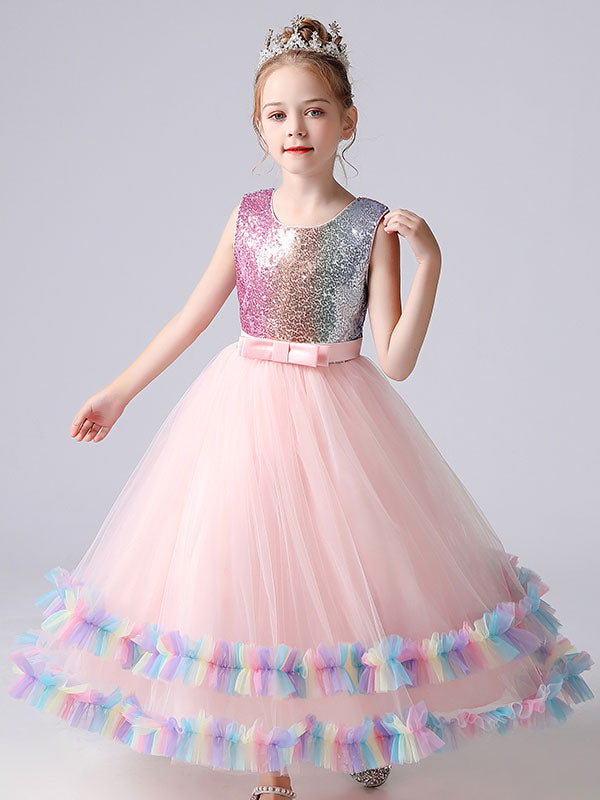 Blue Jewel Neck Tulle Sleeveless Ankle-Length Bows Kids Social Party Dresses Princess Dress-Ballbella