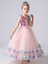 Blue Jewel Neck Tulle Sleeveless Ankle-Length Bows Kids Social Party Dresses Princess Dress-Ballbella