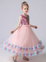 Blue Jewel Neck Tulle Sleeveless Ankle-Length Bows Kids Social Party Dresses Princess Dress-Ballbella