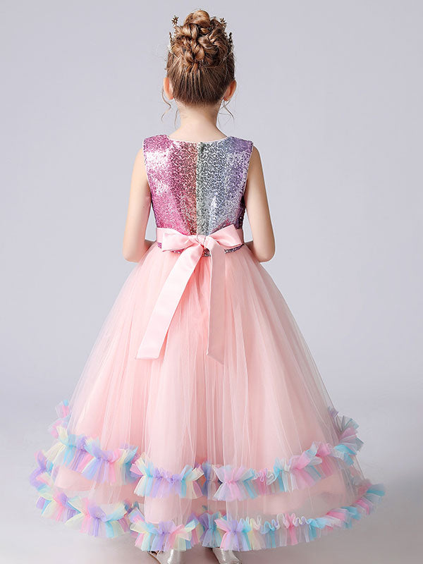 Blue Jewel Neck Tulle Sleeveless Ankle-Length Bows Kids Social Party Dresses Princess Dress-Ballbella