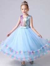 Blue Jewel Neck Tulle Sleeveless Ankle-Length Bows Kids Social Party Dresses Princess Dress-Ballbella