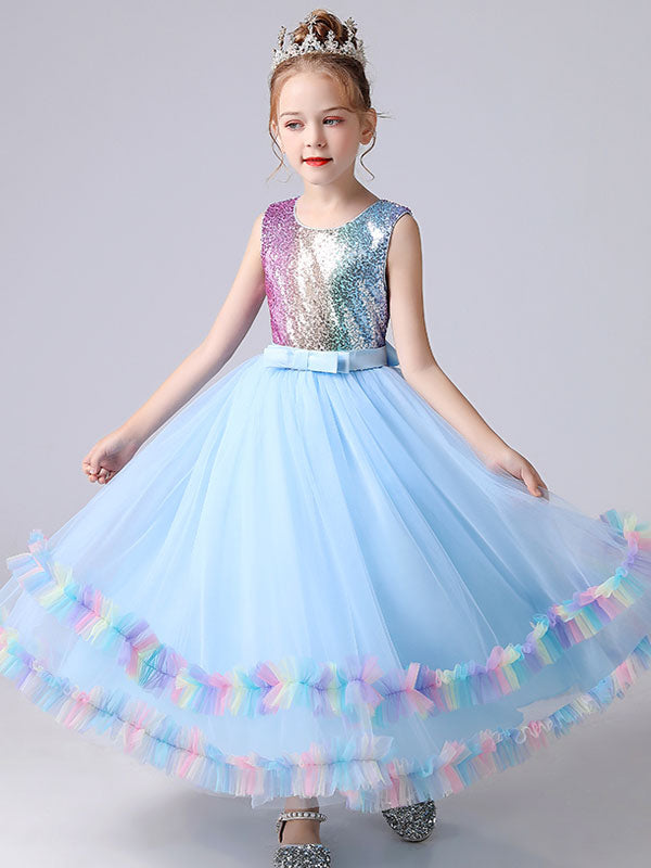 Blue Jewel Neck Tulle Sleeveless Ankle-Length Bows Kids Social Party Dresses Princess Dress-Ballbella