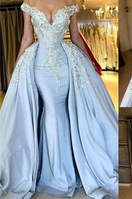 Blue Off-the-Shoulder V-neck Mermaid Beading Appliques Prom Dresses With Overskirt-Ballbella