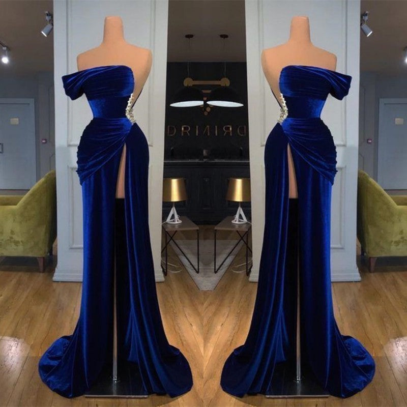 Blue Off-the-Shoulder Velvet Prom Dress Mermaid Long With Split-Ballbella