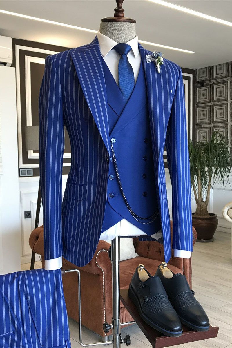 Blue Striped 3-pieces Peaked Lapel Formal Men Suits-Ballbella