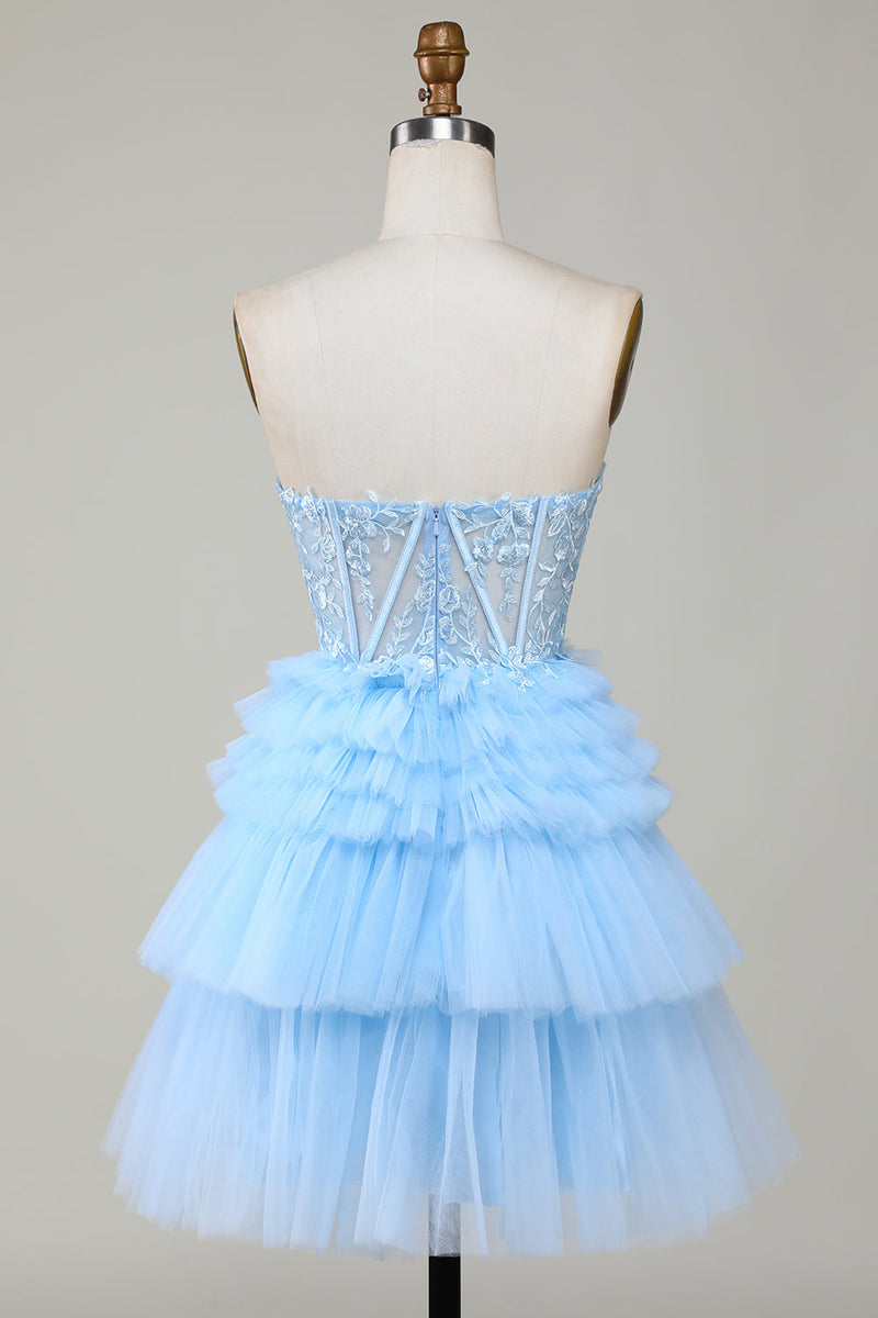 Blue Sweetheart A-Line Corset Short Homecoming Dress with Ruffles-Ballbella