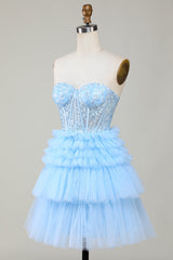 Blue Sweetheart A-Line Corset Short Homecoming Dress with Ruffles-Ballbella