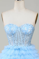 Blue Sweetheart A-Line Corset Short Homecoming Dress with Ruffles-Ballbella