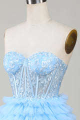 Blue Sweetheart A-Line Corset Short Homecoming Dress with Ruffles-Ballbella