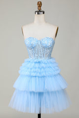 Blue Sweetheart A-Line Corset Short Homecoming Dress with Ruffles-Ballbella