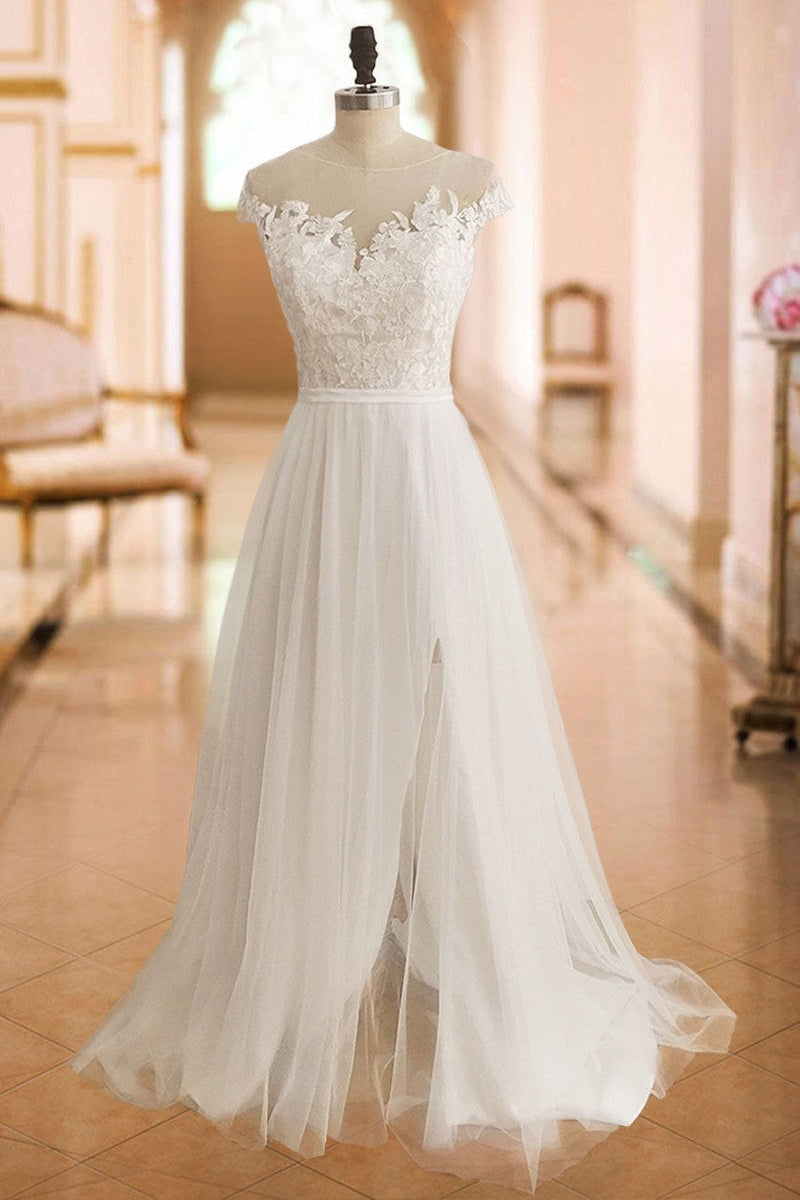 Boho Wedding Dresses Lace Off The Shoulder Short Sleeve Long Split Front Bridal Dress With Train-Ballbella