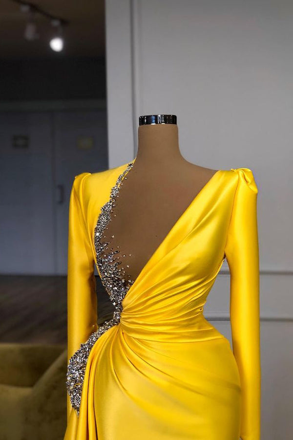 Bright Yellow V-neck Metallic Sequin Long sleeves Prom Dress-Ballbella