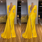 Bright Yellow V-neck Metallic Sequin Long sleeves Prom Dress-Ballbella