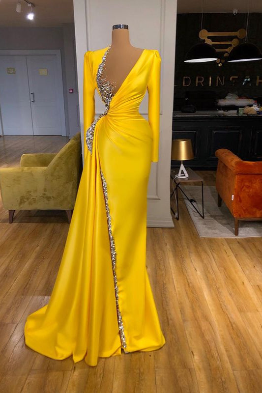 Bright Yellow V-neck Metallic Sequin Long sleeves Prom Dress-Ballbella