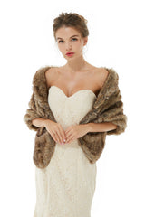 Brown Wedding Shrug Faux Fur Stole Fluffy Bridal Wrap Shawl-Ballbella